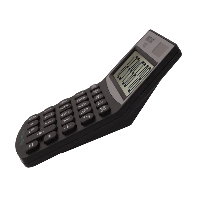 Black 8-digit mini desktop calculator with tilted LCD display and large buttons