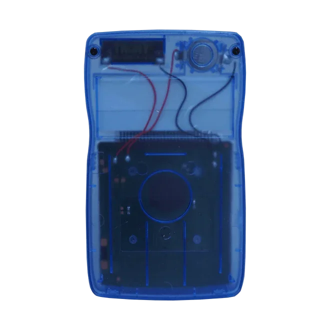 Blue translucent pocket calculator with visible internal components and 8-digit display