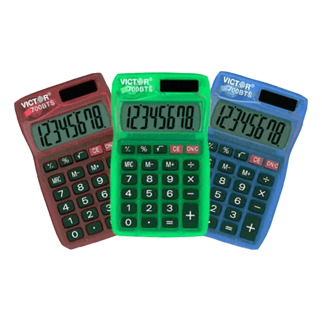 Three 8-digit pocket calculators in red, green, and blue translucent cases