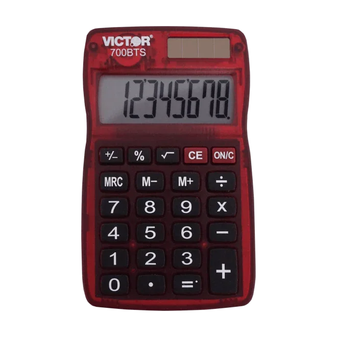 Red translucent 8-digit pocket calculator with solar panel and large display