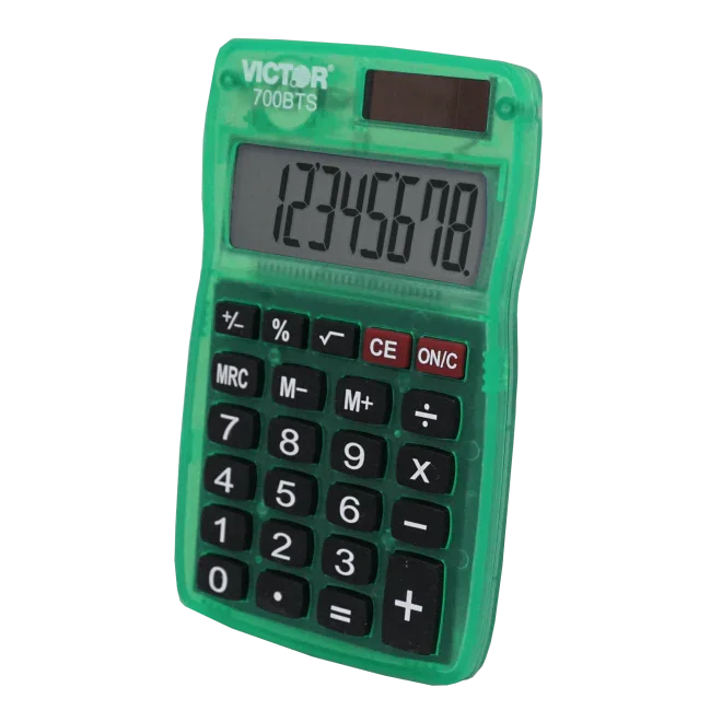 Green translucent 8-digit pocket calculator with solar panel and large display screen