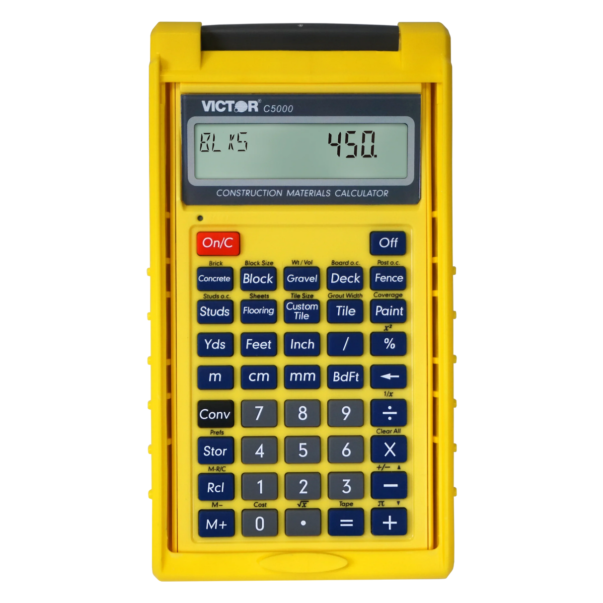 Yellow construction materials calculator with large display and specialized buttons