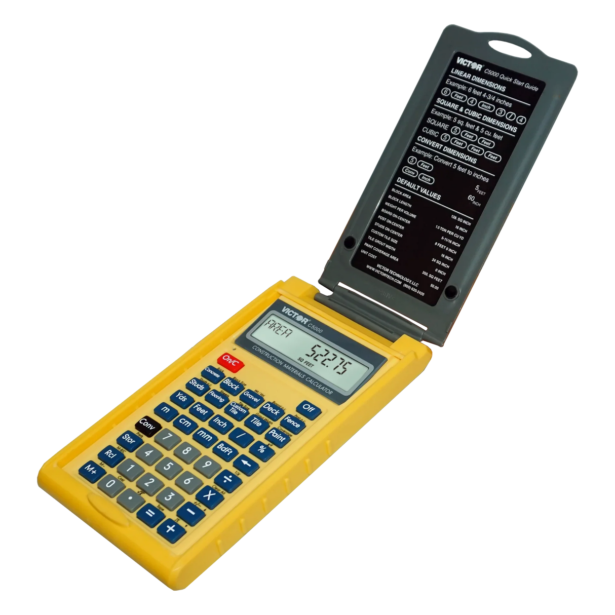 Yellow construction materials calculator with flip cover and digital display