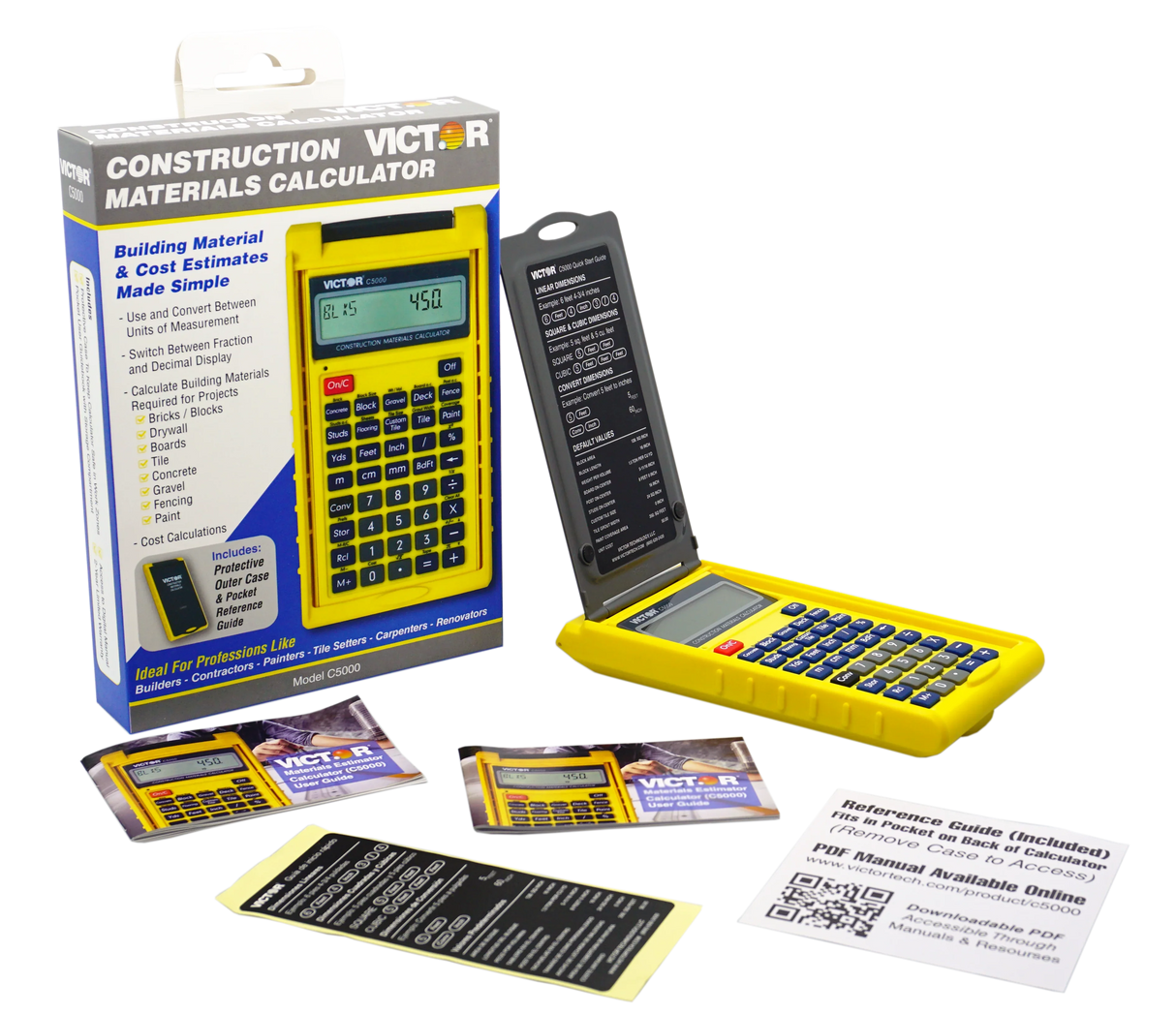 Yellow construction materials calculator with protective case, packaging, and reference guides