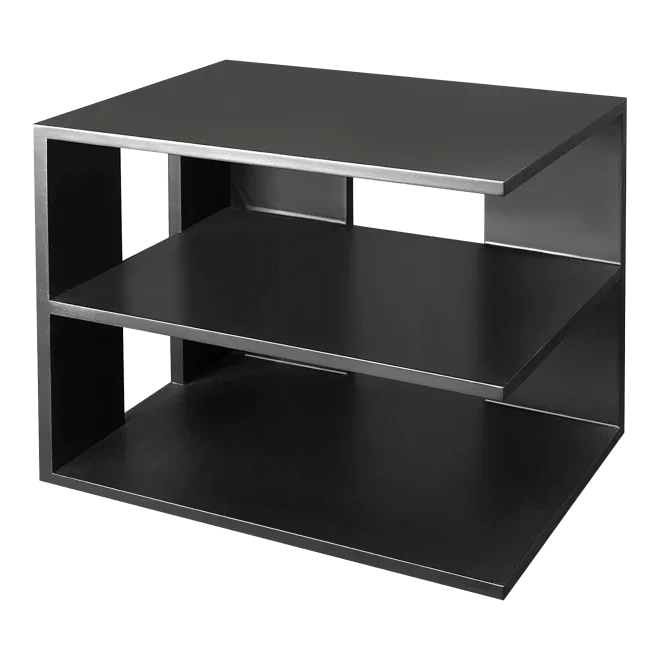 Black metal corner shelf organizer with three tiers for office or workspace storage