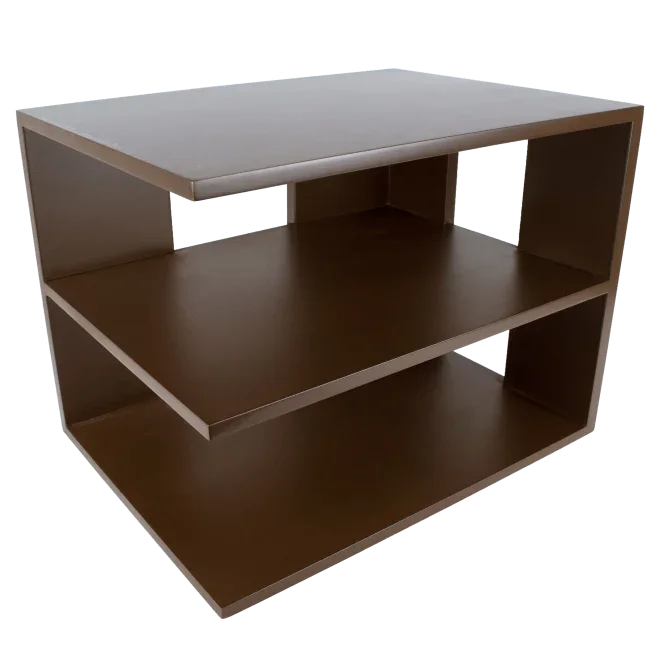 Brown wooden corner shelf organizer with three tiers for office or desk storage