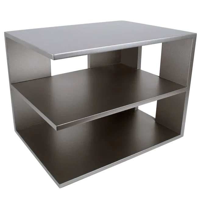 Modern metal corner shelf with three tiers for office or workspace organization
