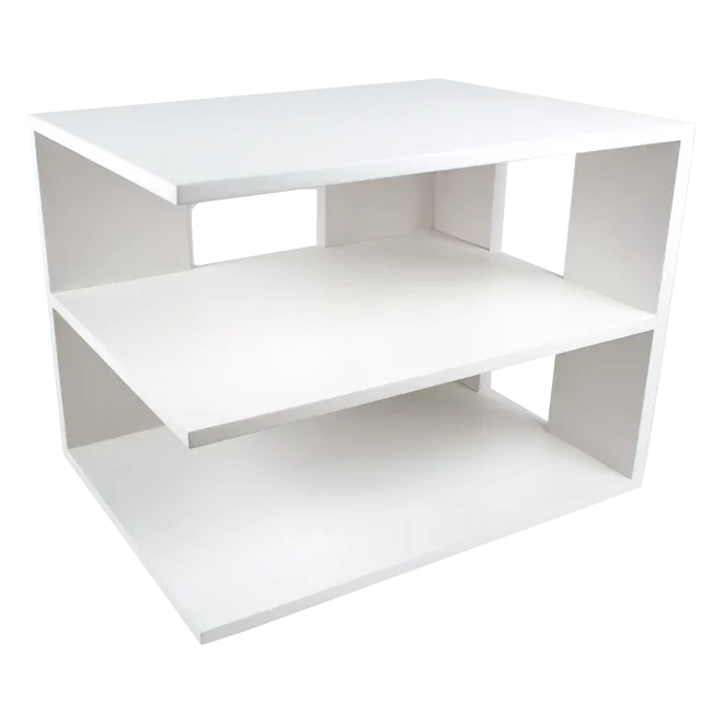 White wood corner desk shelf organizer with two open shelves, modern design