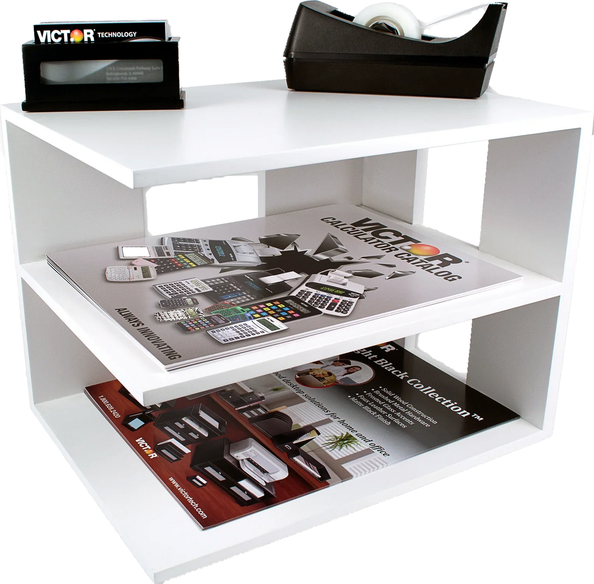 White corner shelf organizer holding documents, tape dispenser, and business card holder