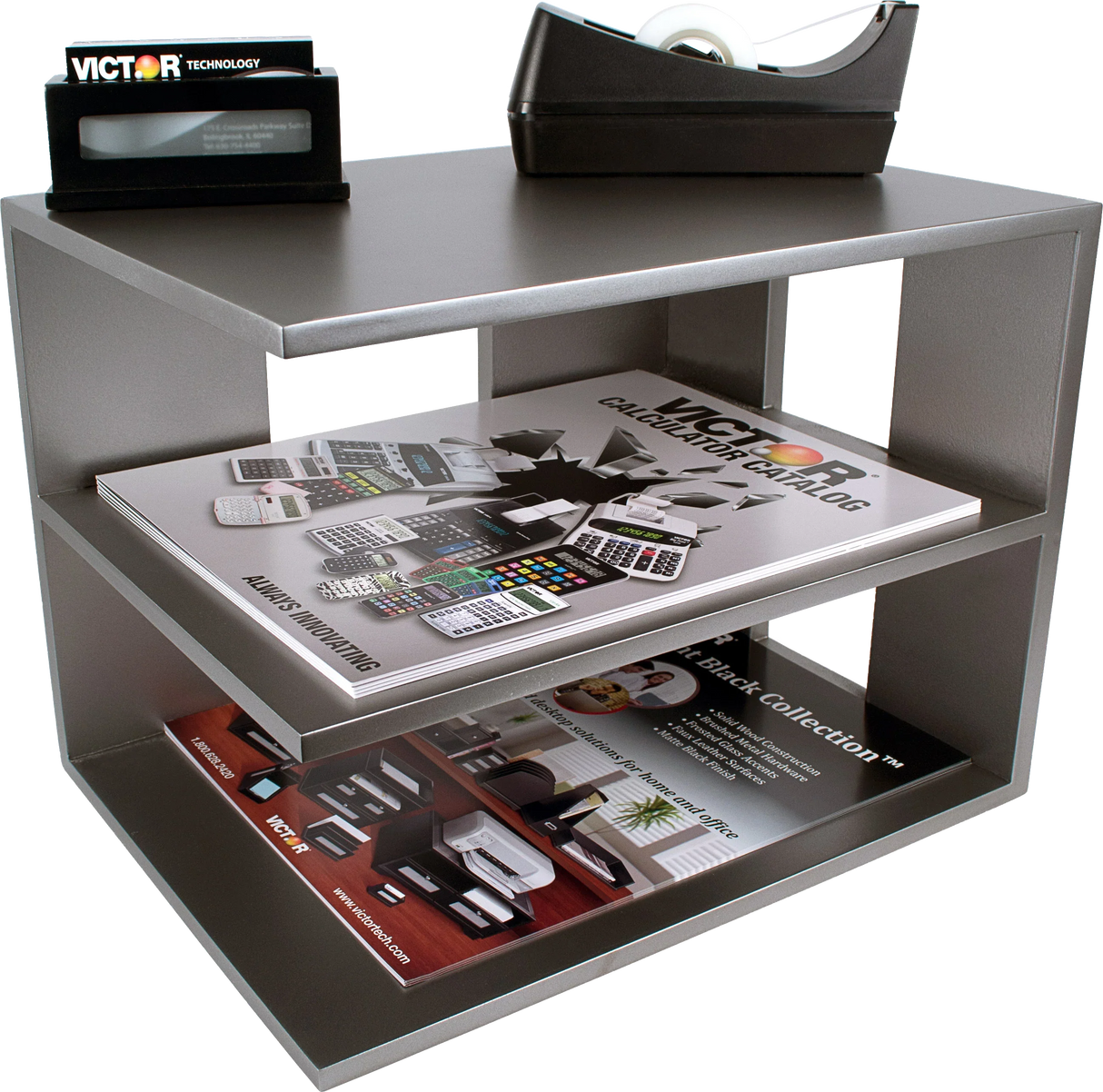 Gray two-tier corner desktop shelf organizer holding office supplies and catalogs
