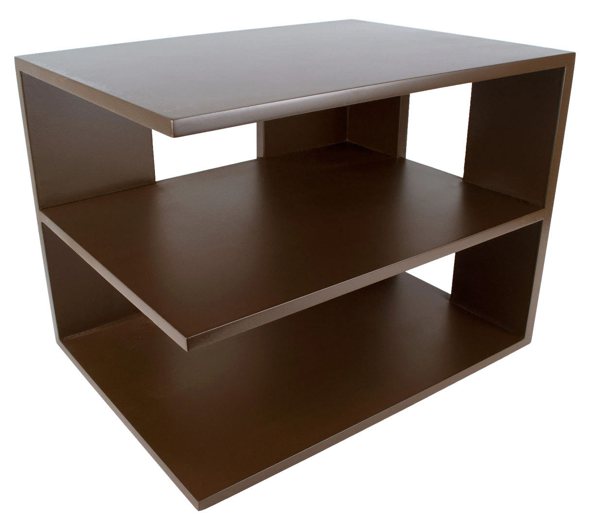 Brown wooden corner shelf organizer with two open storage tiers for office or home use