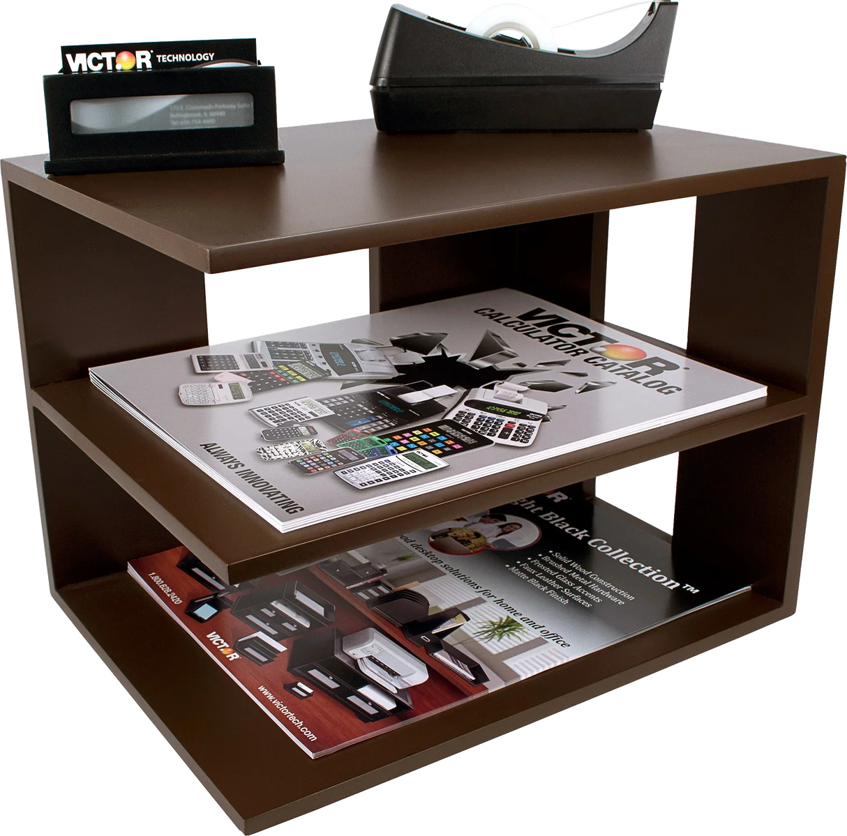Brown corner desk organizer shelf with office supplies and documents