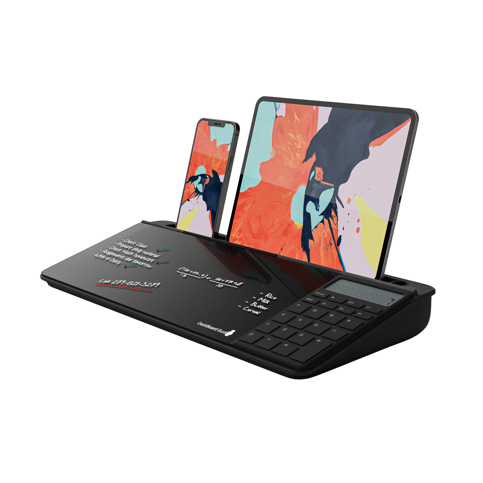 Black desktop organizer with dry-erase board, calculator, and slots for tablet and phone