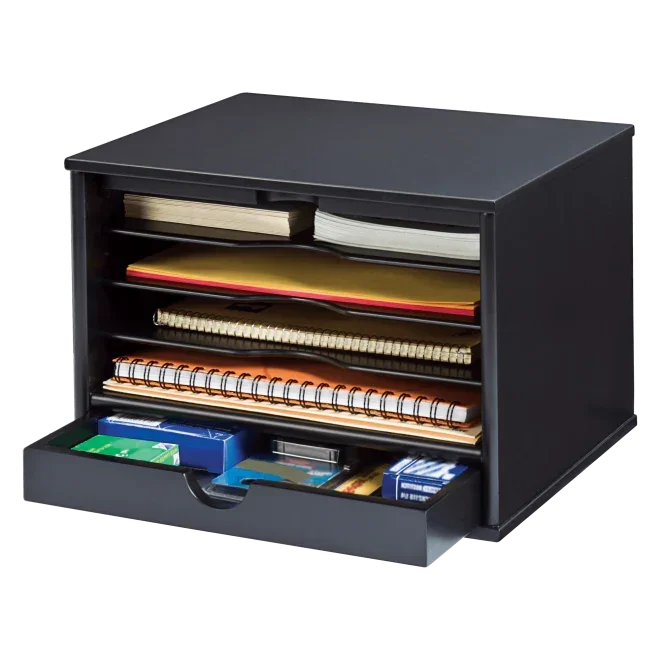 Black desktop organizer with drawers and shelves holding notebooks and office supplies for workspace efficiency