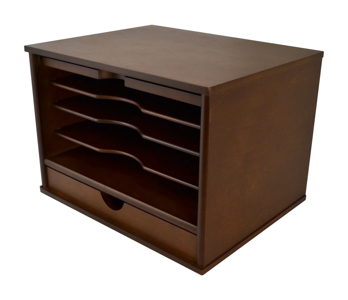 Dark wood desktop organizer with 5 slanted file trays and bottom drawer for office or school use