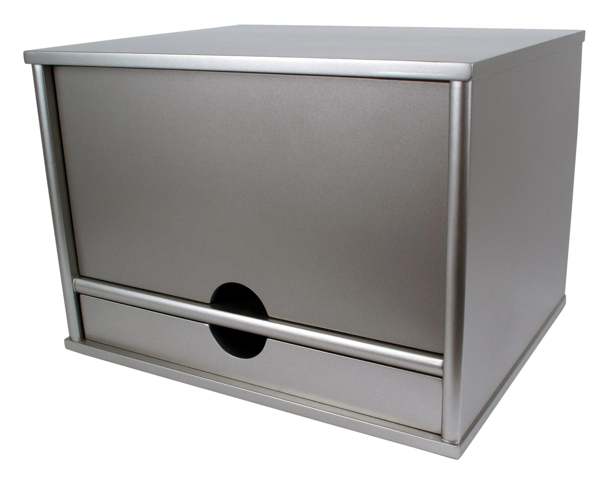 Silver metal desk organizer with drawer for office or school workspace storage solutions