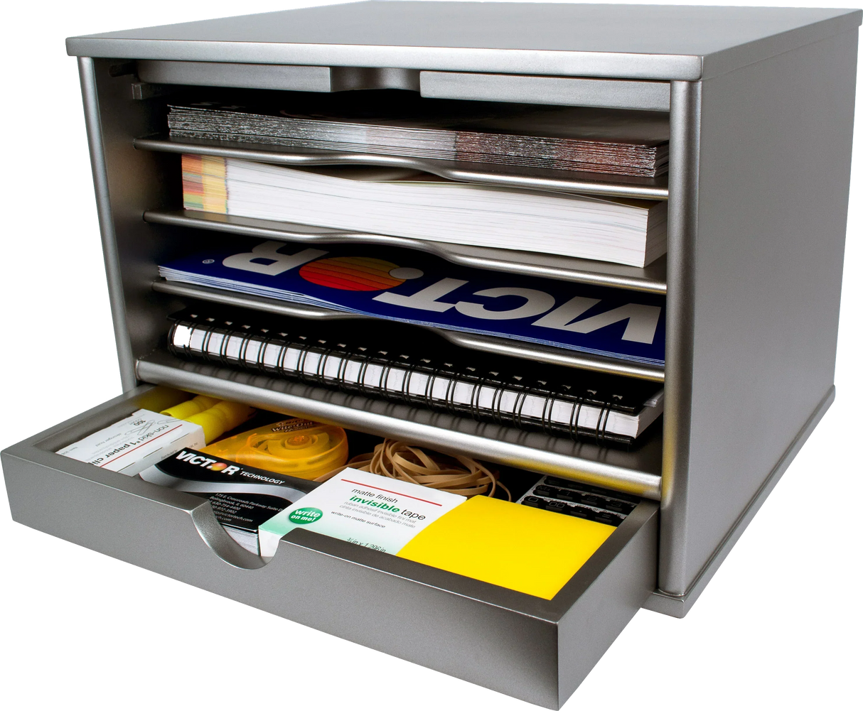 Silver multi-tier desk organizer with drawers holding notebooks, tape, sticky notes, and office supplies for workspace efficiency