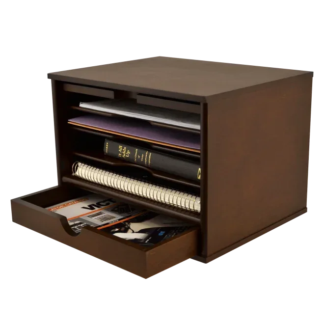 Wooden desk organizer with drawers and shelves for office supplies and notebooks