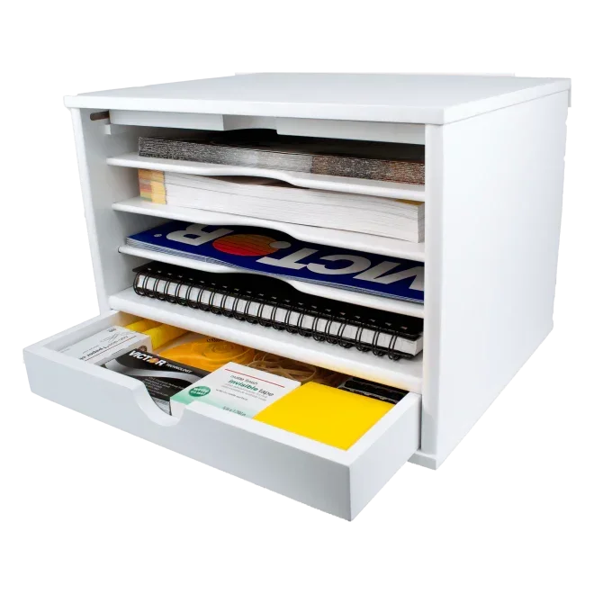 White 4-tier desktop organizer with drawer, holding notebooks, tape, and office supplies for workspace organization