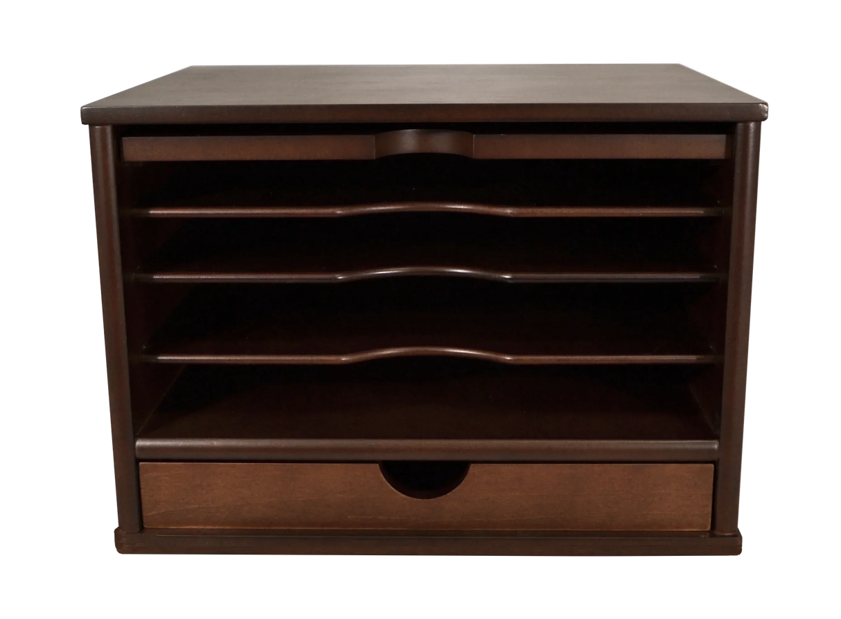 Dark wood desk organizer with drawers and shelves for office or school supplies