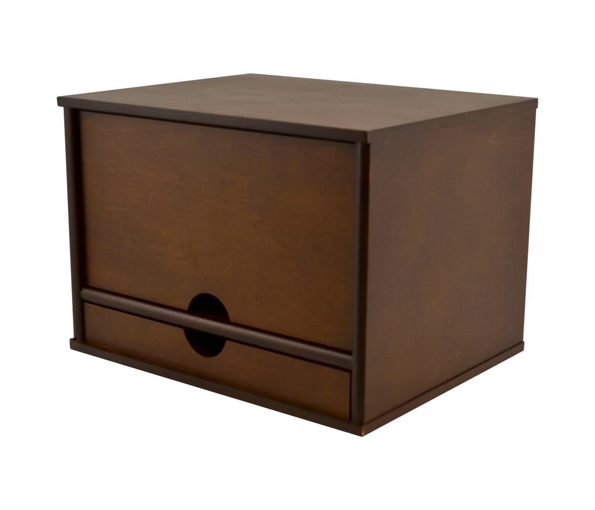 Dark wood desktop organizer with two drawers for office or school supplies storage