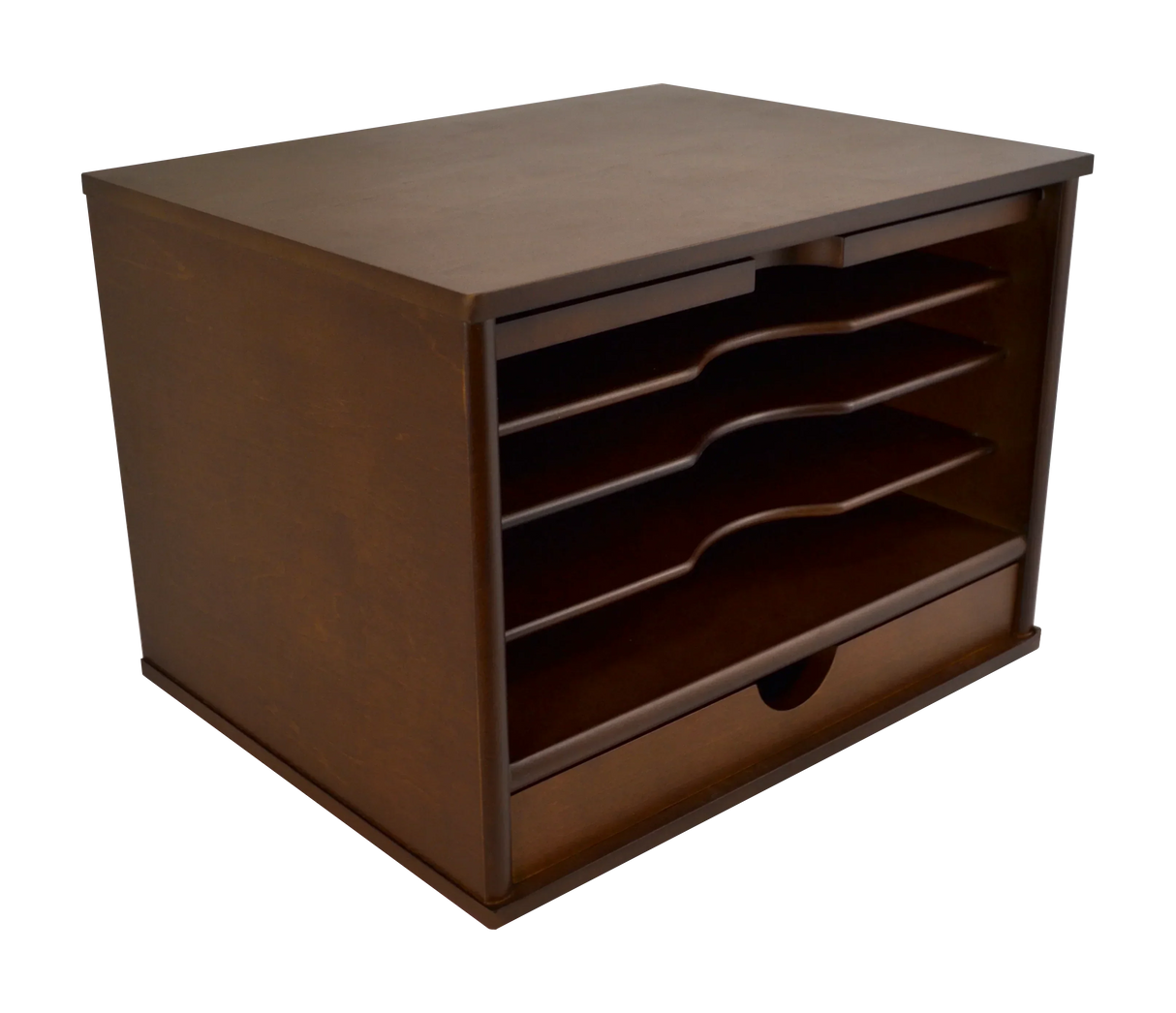 Dark wood desk organizer with 4 slanted drawers and 1 bottom drawer for office supplies storage