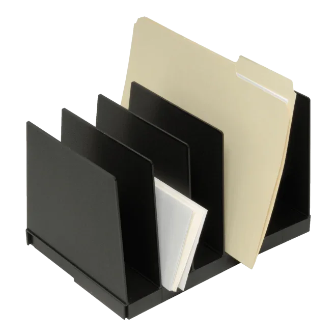 Black desktop file organizer with multiple compartments holding folders and documents