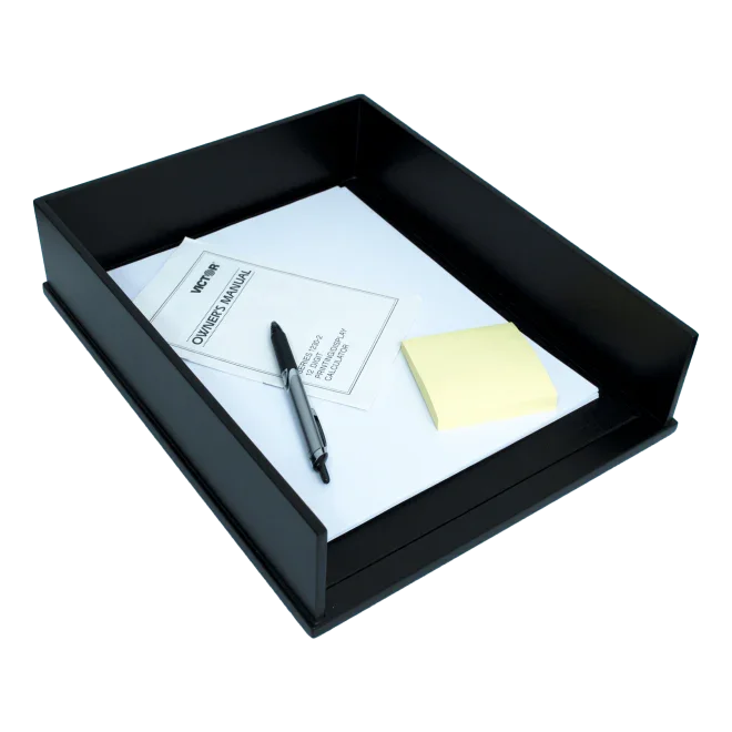 Black front load stacking letter tray holding documents, pen, and sticky notes