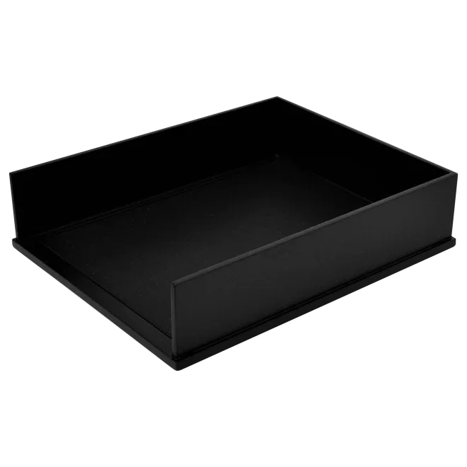 Black front load stacking letter tray for office desk organization