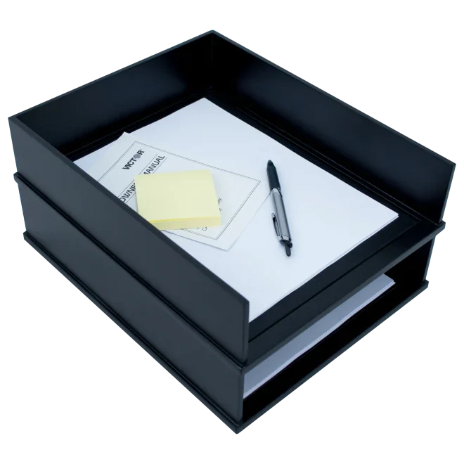 Black front load stacking letter tray with papers, pen, and sticky notes for office organization