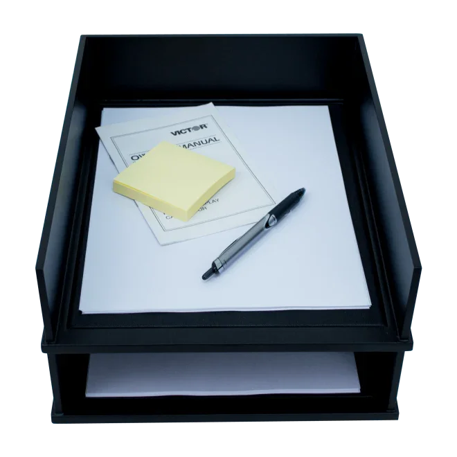 Black stacking letter tray with paper, pen, sticky notes, and manuals for office organization