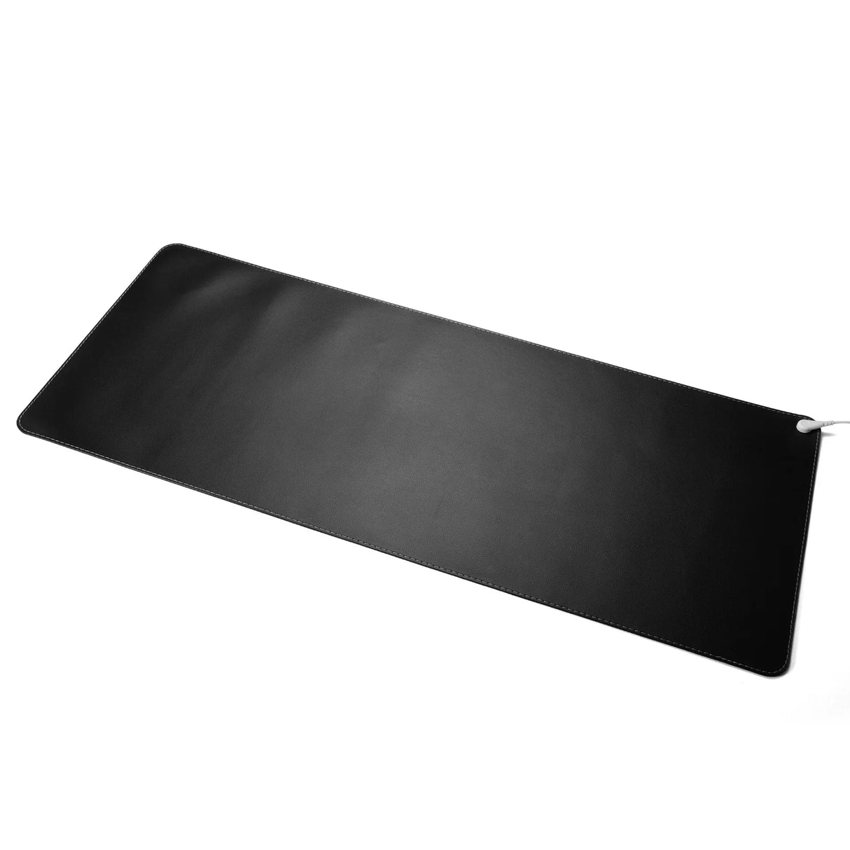 Large black grounding desk pad with stitched edges on a white background
