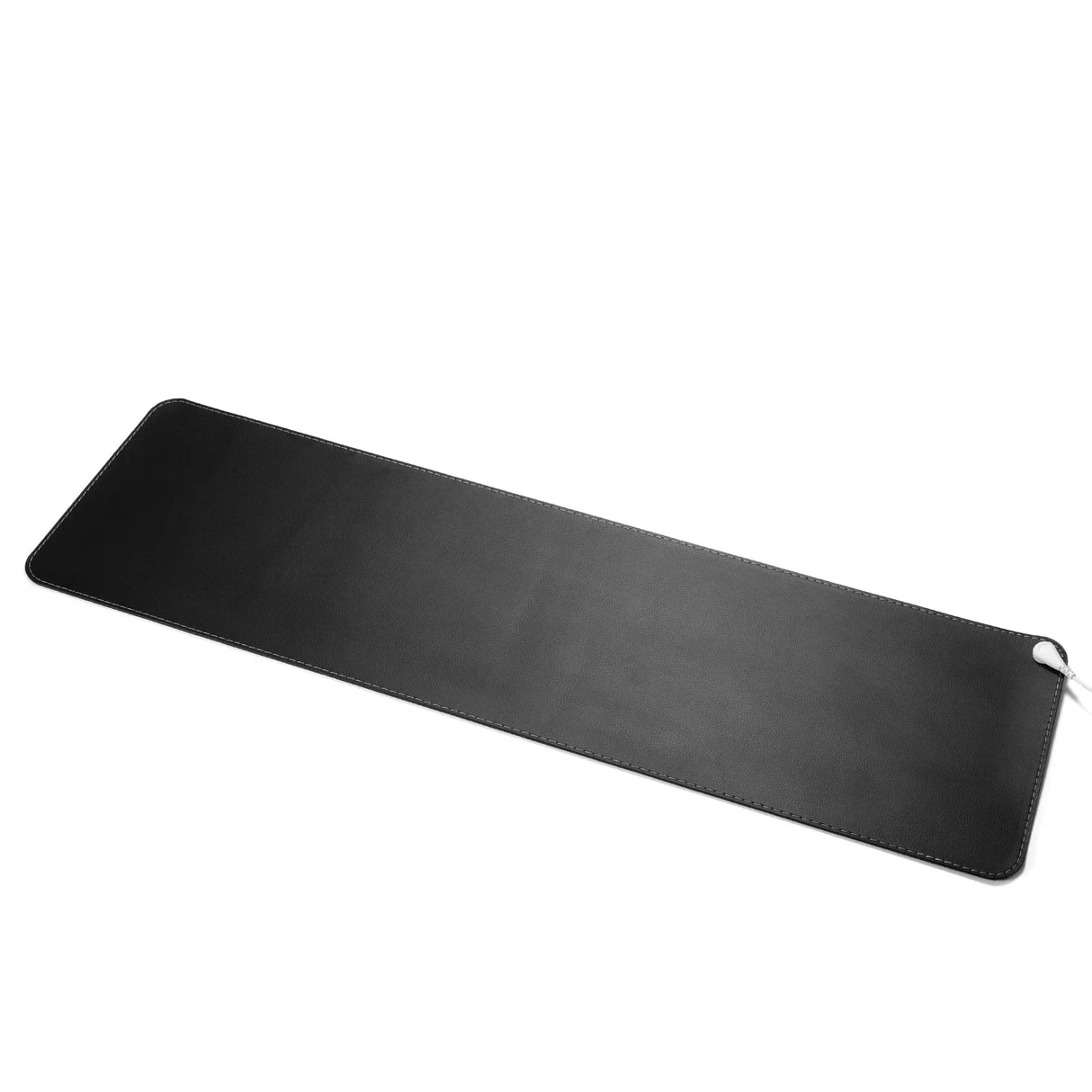 Black rectangular grounding desk pad with stitched edges and attached cord on white background