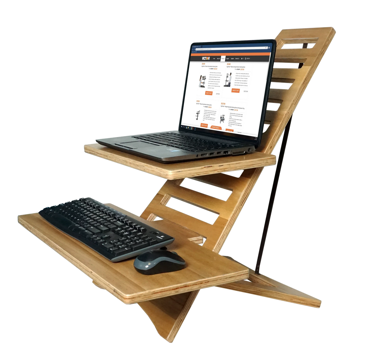 Wood standing desk converter with laptop, keyboard, and mouse for ergonomic home office setup