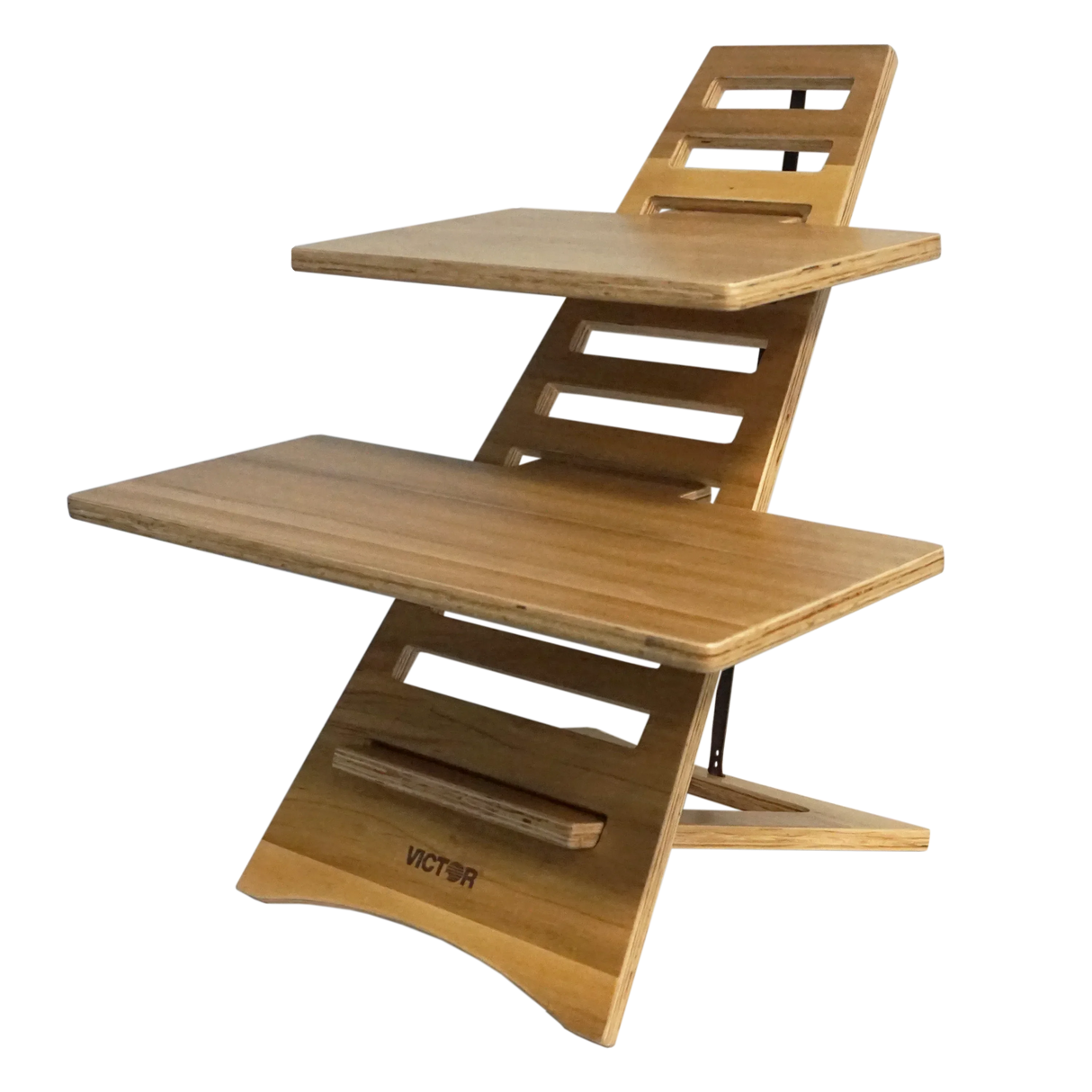 Wooden standing desk converter with dual tiers and slotted design for ergonomic workspace setup