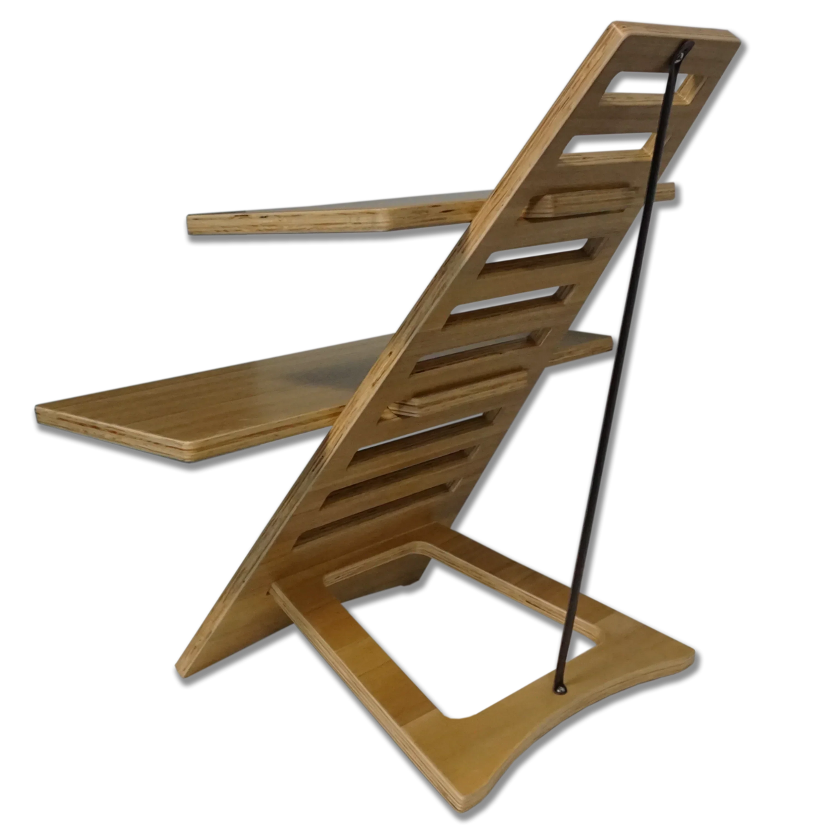 Wooden standing desk with slatted design and adjustable height for home office productivity
