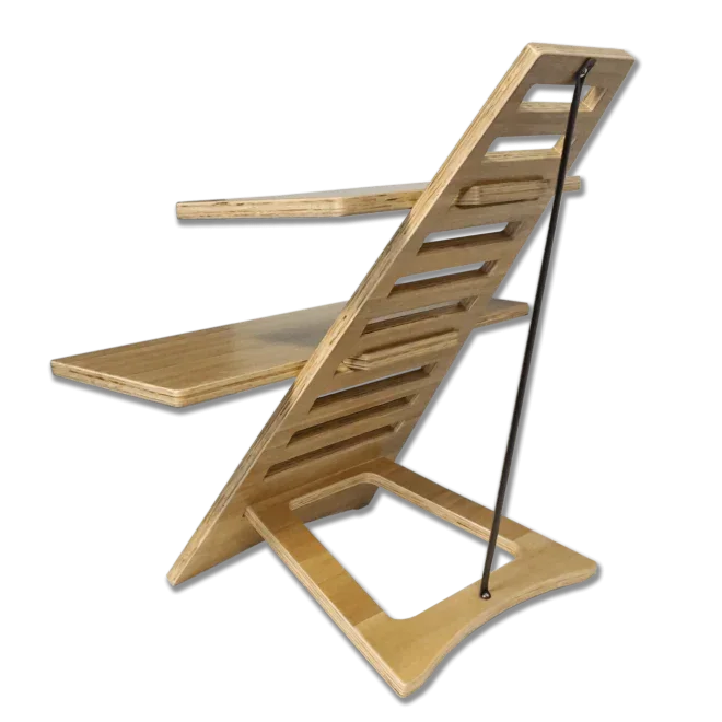 Wooden standing desk with slatted design and adjustable height for home office productivity