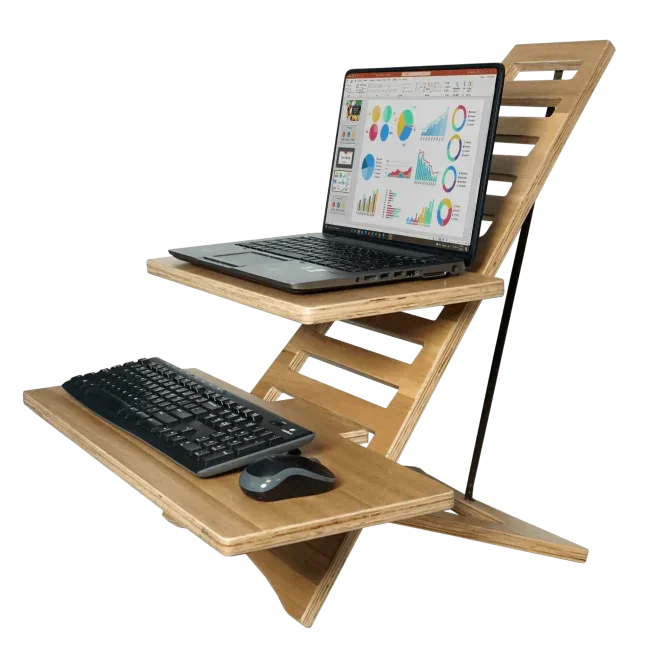 Wooden standing desk with laptop, keyboard, and mouse for ergonomic workspace setup