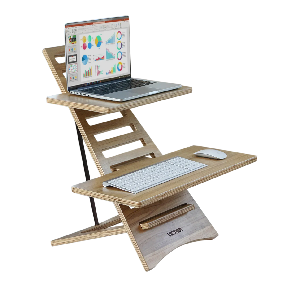 Wood standing desk converter with laptop, keyboard, mouse for ergonomic home office setup