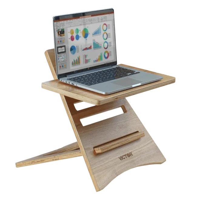 Acacia wood high-rise laptop riser holding open laptop, ergonomic desktop stand