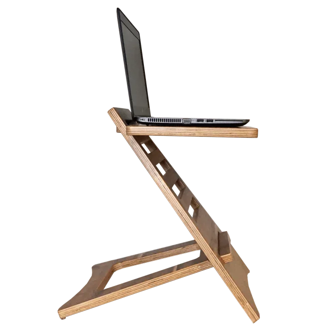 High-rise acacia wood laptop riser with adjustable angled design and laptop on top