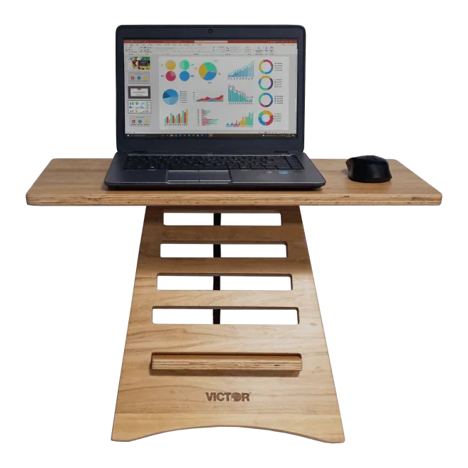 High-rise acacia wood laptop riser with laptop and mouse on top, ergonomic desk accessory