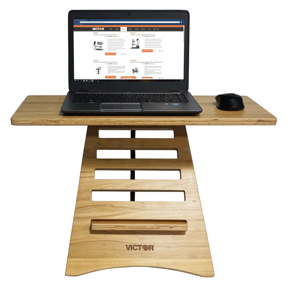 Acacia wood laptop riser with slotted design, holding a laptop and mouse on a desktop.