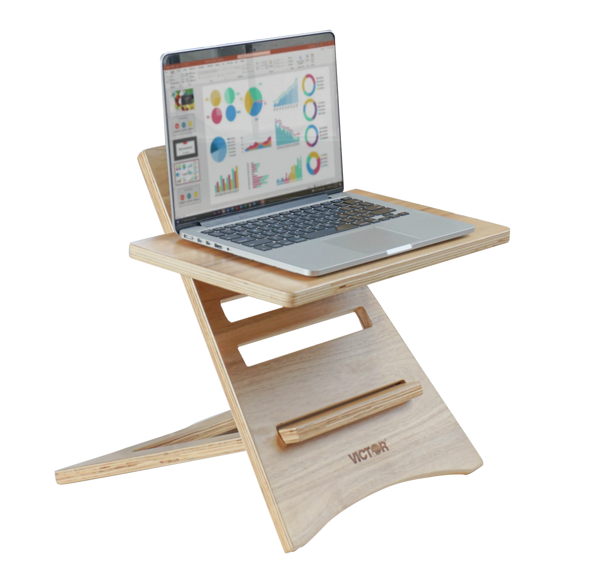 Acacia wood high-rise laptop riser with a laptop, ergonomic workspace solution.