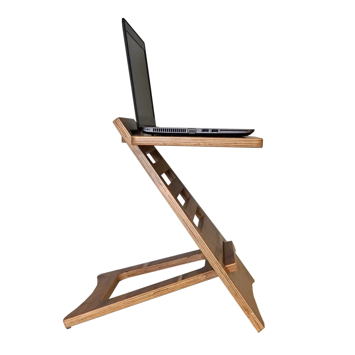 Acacia wood high-rise adjustable laptop riser with laptop on top, ergonomic desk accessory