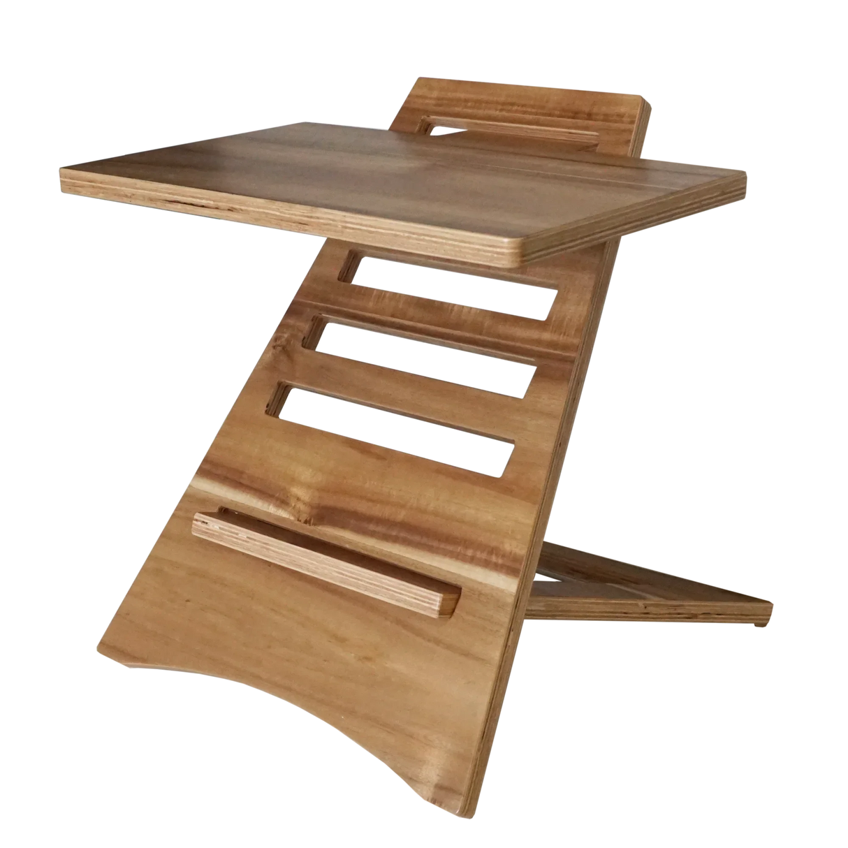 High rise acacia wood laptop riser stand with adjustable slots for ergonomic workspace