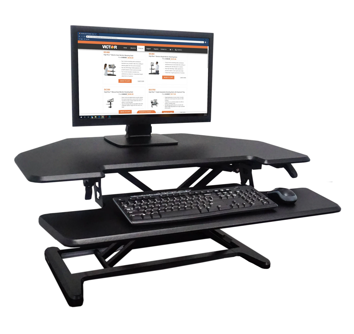 Corner standing desk converter with monitor, keyboard, and removable keyboard tray