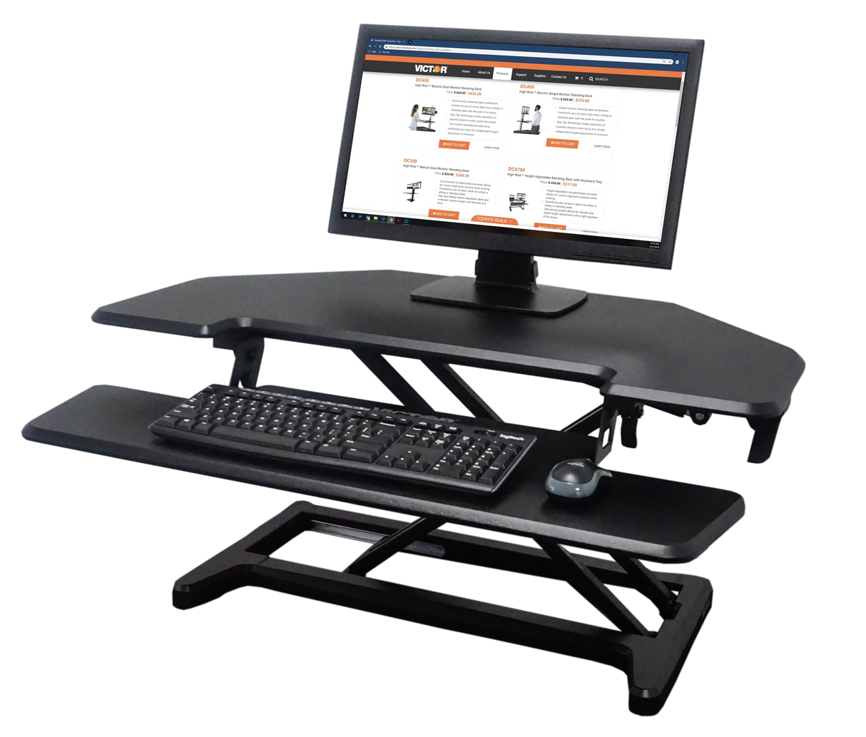 High-rise adjustable corner standing desk with monitor, keyboard, and removable tray