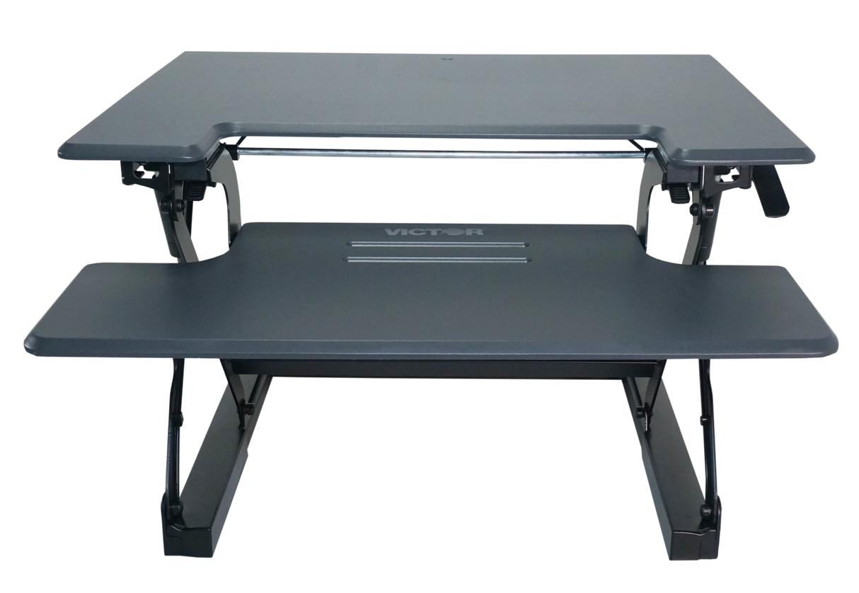 Black high rise adjustable height standing desk with keyboard tray, ergonomic office furniture