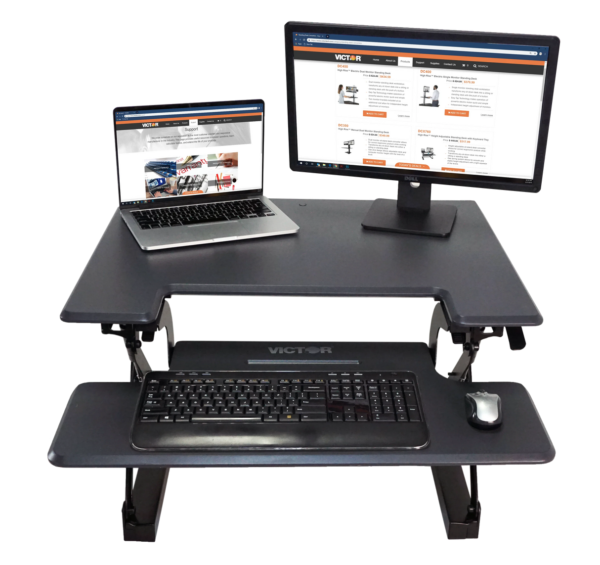 Adjustable standing desk with monitor, laptop, keyboard and mouse on two-tier workstation